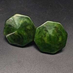 Green Octogon Bakelite Clip On Earrings Vintage Costume Jewelry
